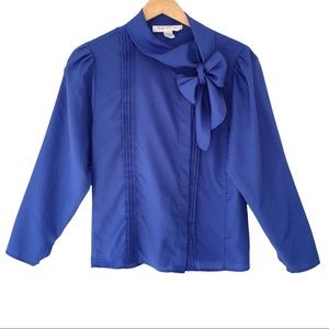 Vintage 80's Bow Blouse Blue Polka Dot Walker & Lane Sz Vtg 14